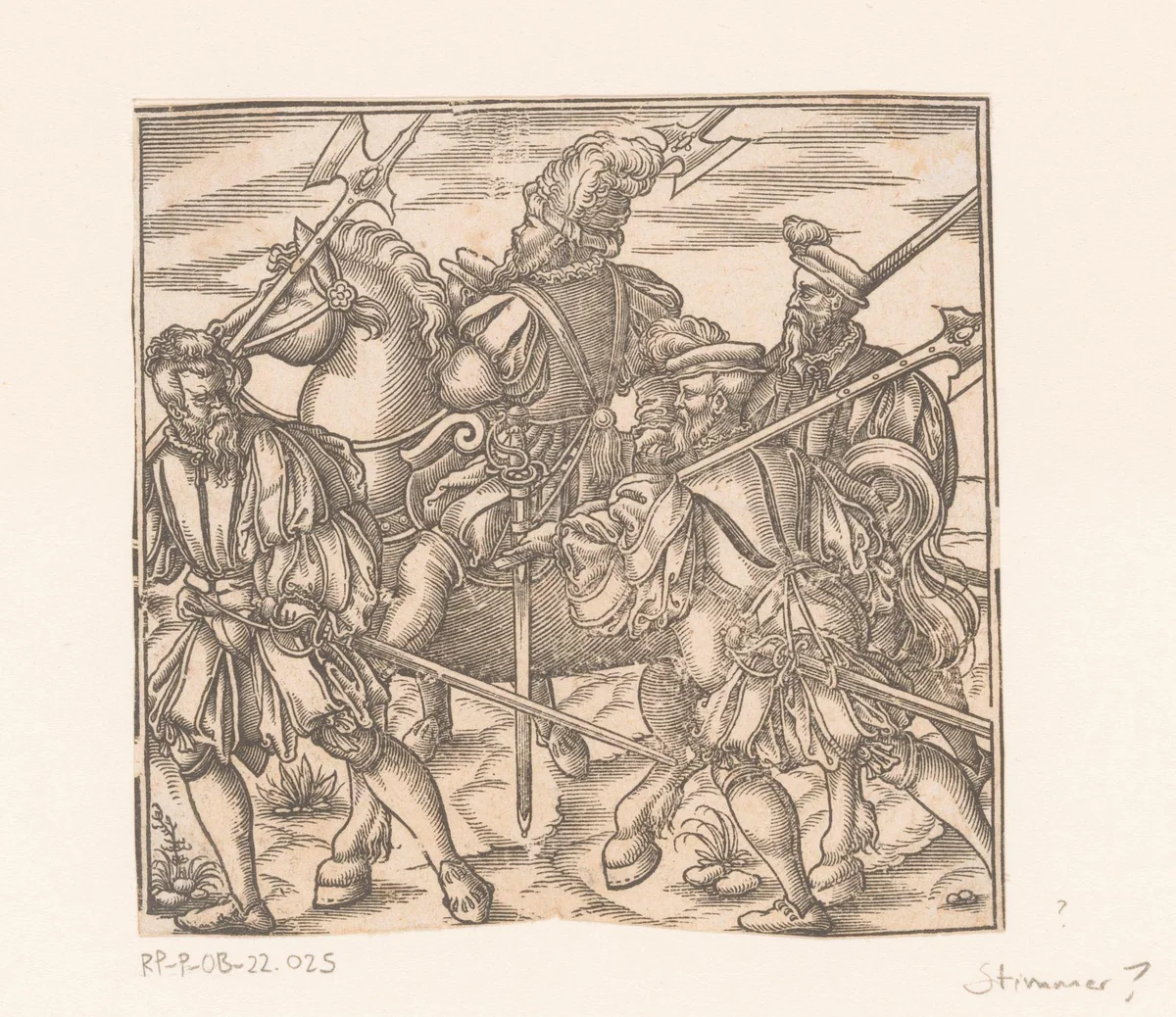 Ruiter en drie soldaten by Virgilius Solis, print, 1524-1562