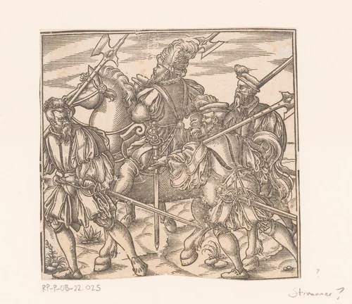 Ruiter en drie soldaten by Virgilius Solis, print, 1524-1562