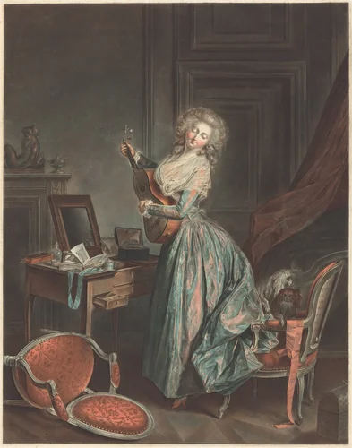 A Woman Playing the Guitar by Jean-François Janinet; Nicolas Lavreince, print, 1788-1789