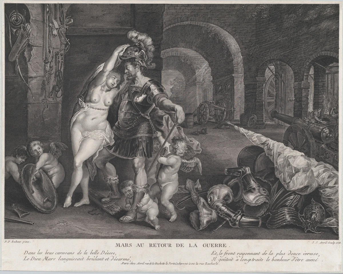 The Return from War: Mars Disarmed by Venus by Jean Jacques Avril, print, 1778