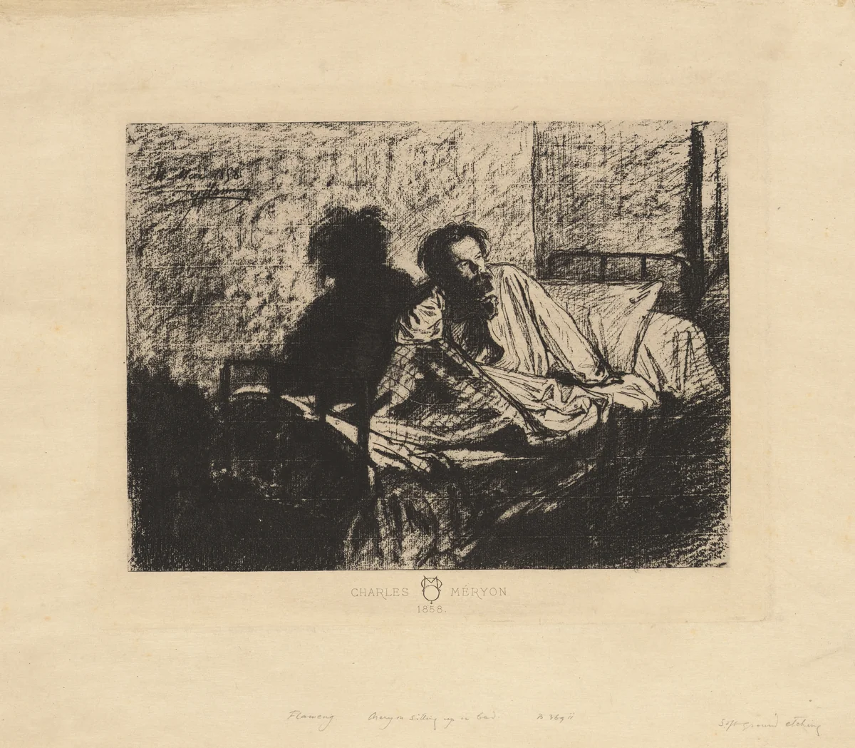 Portrait of Meryon Sitting up in Bed by Léopold Flameng, print, 1858