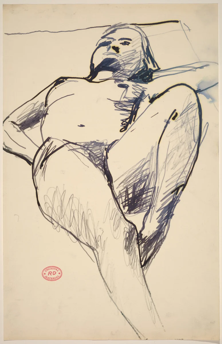 Untitled [reclining nude lying back with her left hand behind her head] by Richard Diebenkorn, drawing, 1955-1967