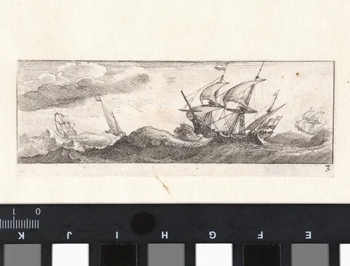 Zeegezicht met schepen tijdens een storm by Wenceslaus Hollar, print, 1627-1636