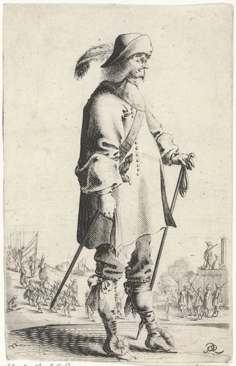 Staande cavalier met stok, op de achtergrond strijdkrachten bij een bastion by Salomon Savery, print, 1633-1665