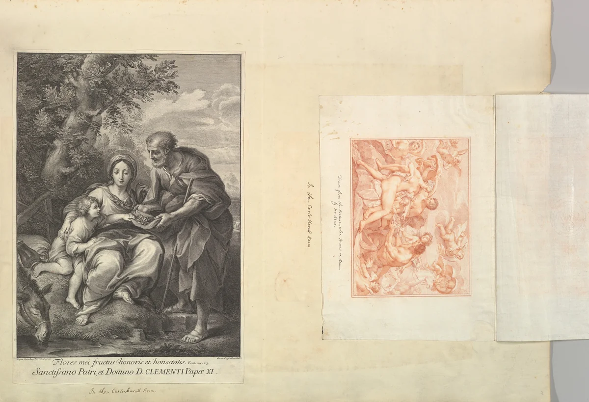 Leaf from Aedes Walpolianae mounted with a print and a drawing: (a): The Virgin and Joseph with the Young Jesus; (b): Acis and Galatea by Johann Jakob Frey, print, 1710-1740