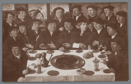 Fotoreproductie van schilderij van Maaltijd van de voetboogschutters, door Cornelis Anthonisz. by anonymous, photograph, 1890-1920
