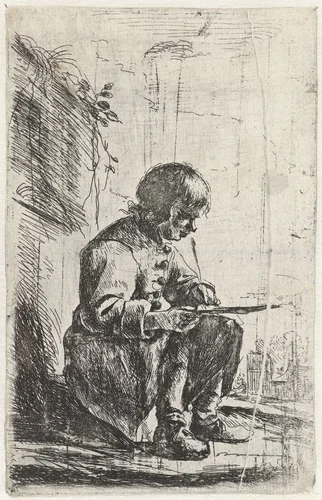 Zittende jongen by Constantijn à Renesse, print, 1636-1654