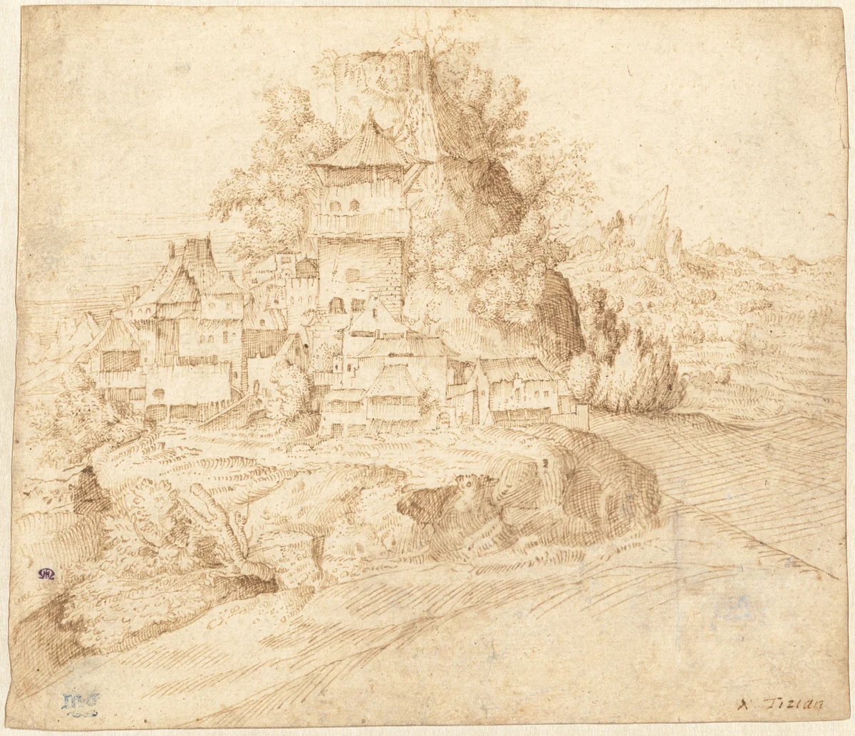 A Village Nestled at the Foot of a Hill (recto) by Giorgione; Giulio Campagnola, drawing, 1509-1515