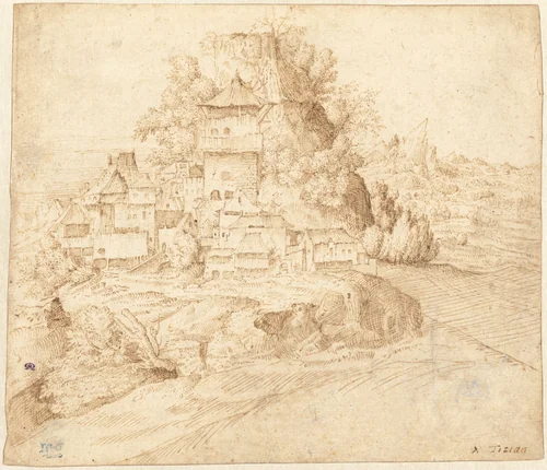 A Village Nestled at the Foot of a Hill (recto) by Giorgione; Giulio Campagnola, drawing, 1509-1515