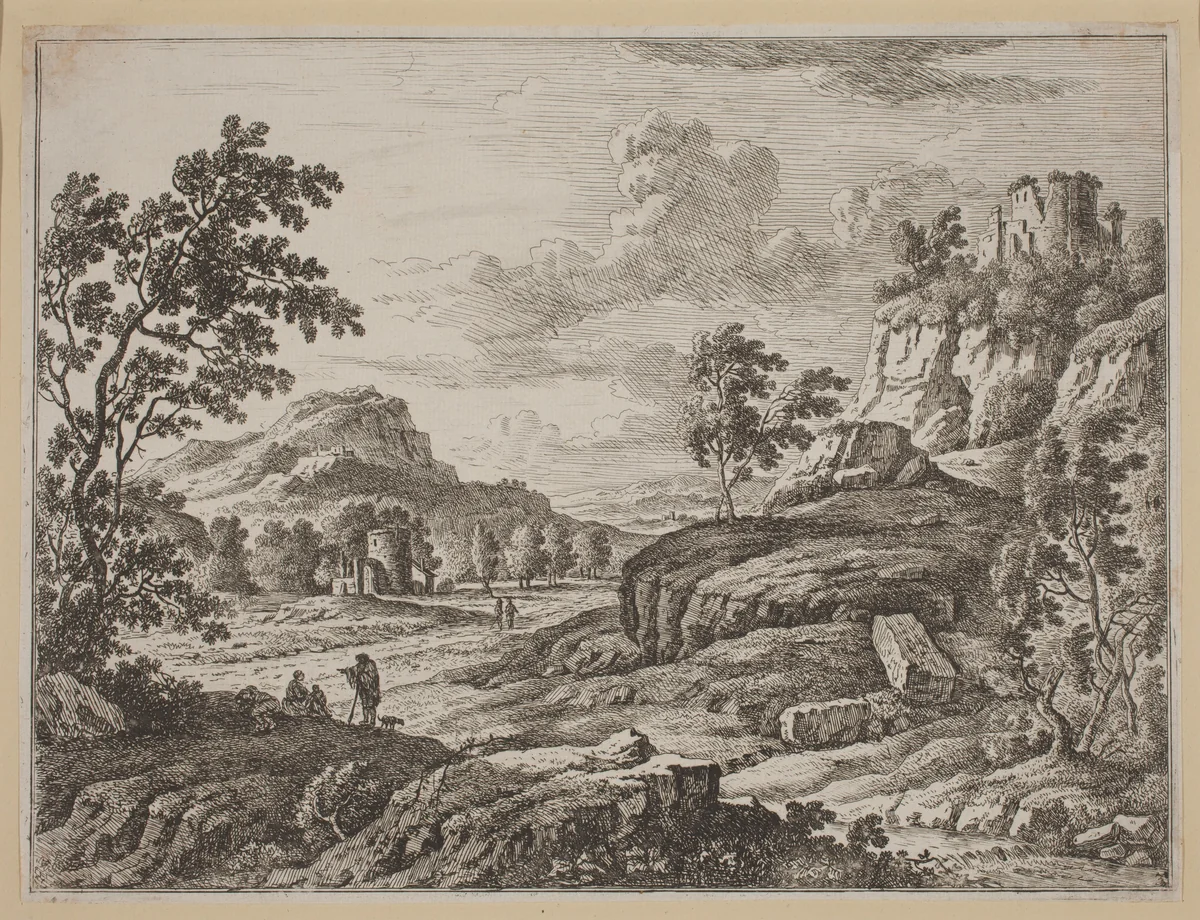 Landscape with Two Ruined Towers by Johann Christoph Dietzsch, print, 1710-1769