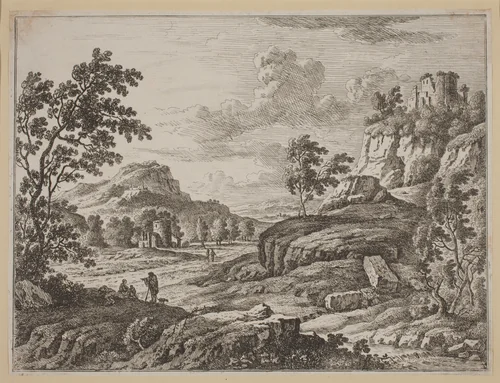 Landscape with Two Ruined Towers by Johann Christoph Dietzsch, print, 1710-1769