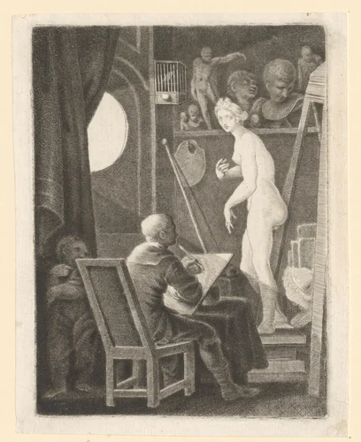 Man maakt een ets in zijn atelier naar beeld van een vrouw by Thomas Worlidge, print, 1710-1766