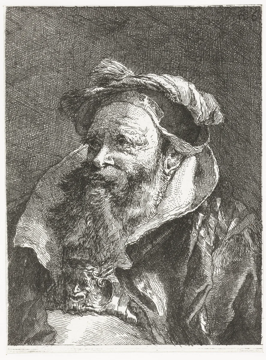 Man met saterkop op gesp by Giovanni Domenico Tiepolo, print, 1756-1757