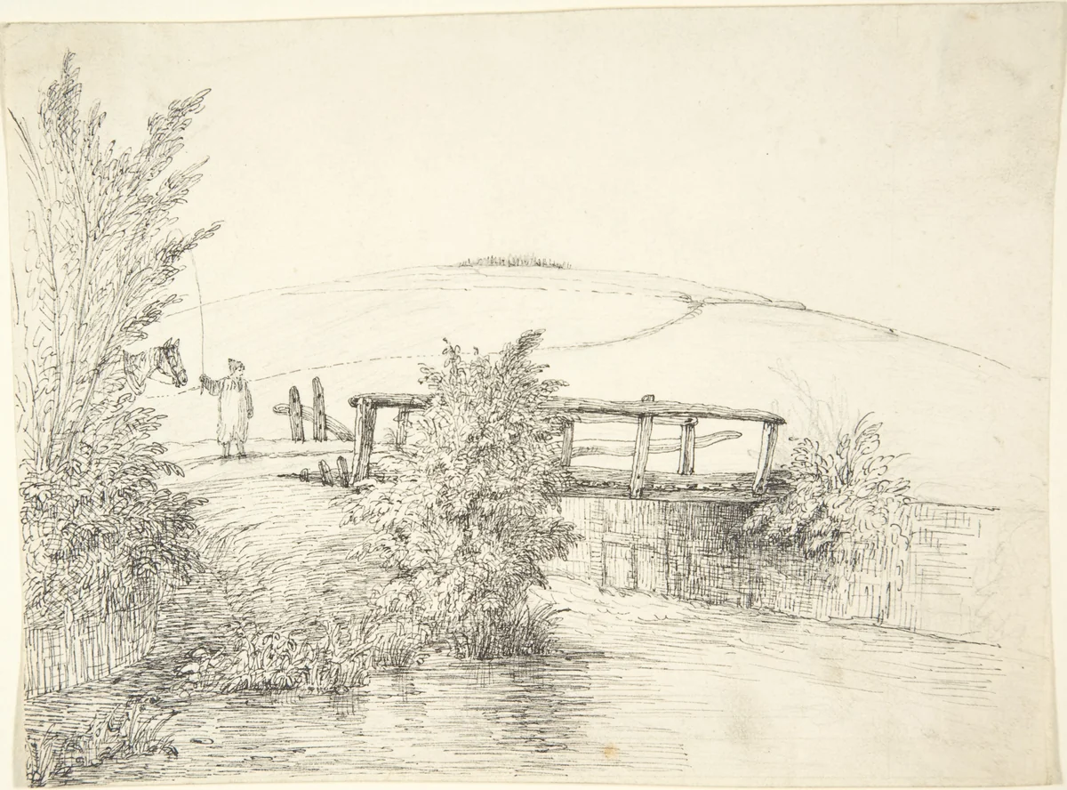 Landscape with a Bridge (recto); Thatched Cottage (verso) by anonymous, drawing, 1800-1899