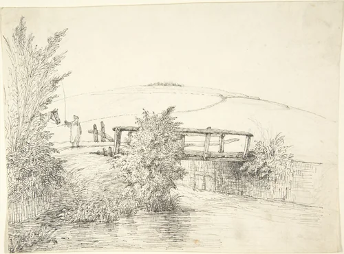 Landscape with a Bridge (recto); Thatched Cottage (verso) by anonymous, drawing, 1800-1899