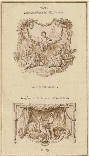Nine Children Listening to a Girl Tell a Story; A Boy Handing a Purse to a Girl Seated on a Bed by Hubert François Gravelot, drawing, 1757