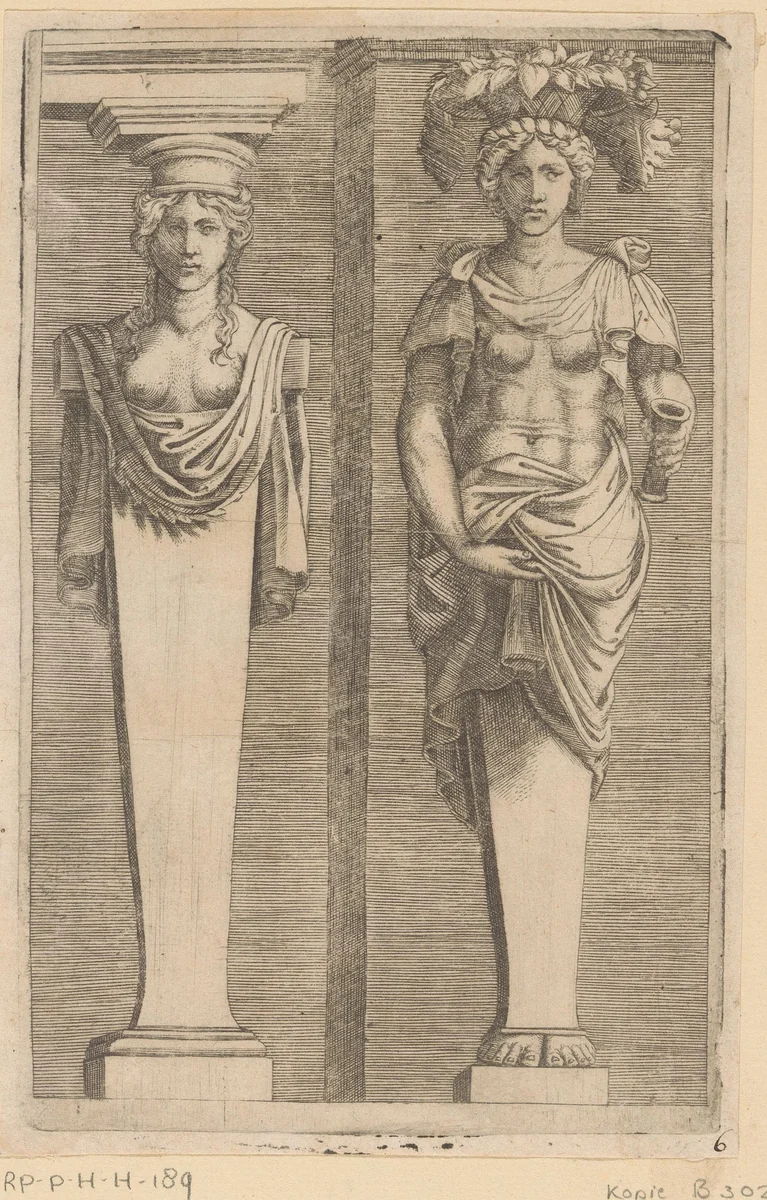 Twee vrouwelijke hermen by Unknown, print, 1536-1570