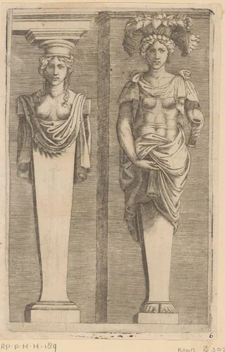 Twee vrouwelijke hermen by Unknown, print, 1536-1570