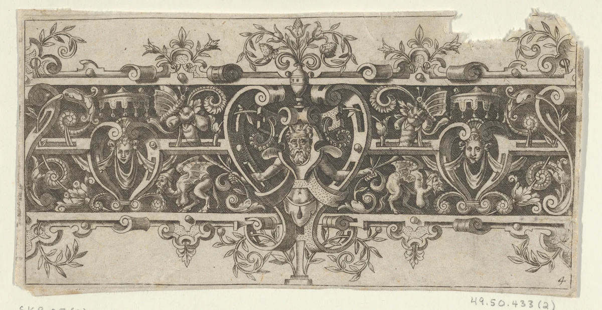 Frieze with Grotesques and a Horned and Bearded Figure Between Strapwork at Center by Theodor de Bry, print, 1589
