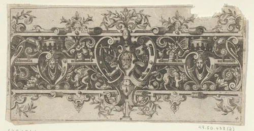 Frieze with Grotesques and a Horned and Bearded Figure Between Strapwork at Center by Theodor de Bry, print, 1589