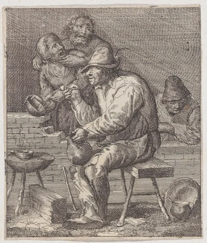 Rustic interior with a peasant seated on bench at center holding a jug and a pipe by Jacques Dassonville, print, 1635-1675