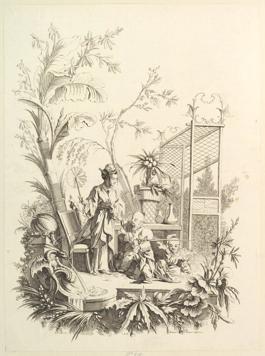 Chinoiserie with Figures in a Landscape by Gabriel Huquier, print, 1720-1772