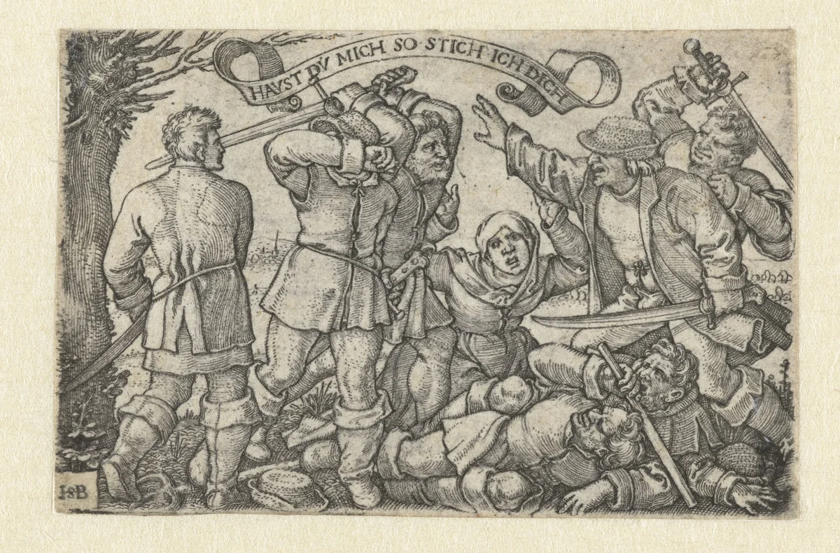 Vechtende boeren met zwaarden by Hans Sebald Beham, print, 1510-1550