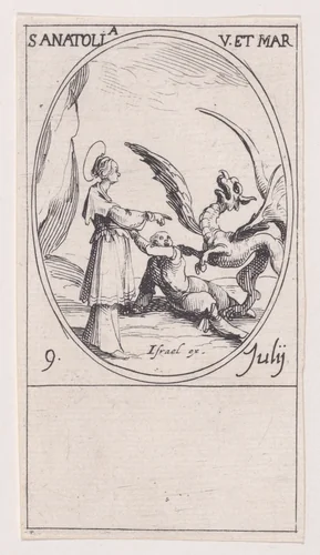 Ste. Anatolie, vierge et martyre (St. Anatolia, Virgin and Martyr), July 9th, from "Les Images De Tous Les Saincts et Saintes de L'Année" (Images of All of the Saints and Religious Events of the Year) by Jacques Callot, print, 1627-1637