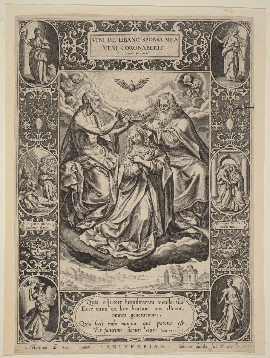 The Coronation of the Virgin by Jan Sadeler I; Maarten de Vos, print, 1576