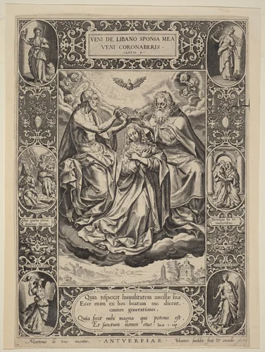 The Coronation of the Virgin by Jan Sadeler I; Maarten de Vos, print, 1576