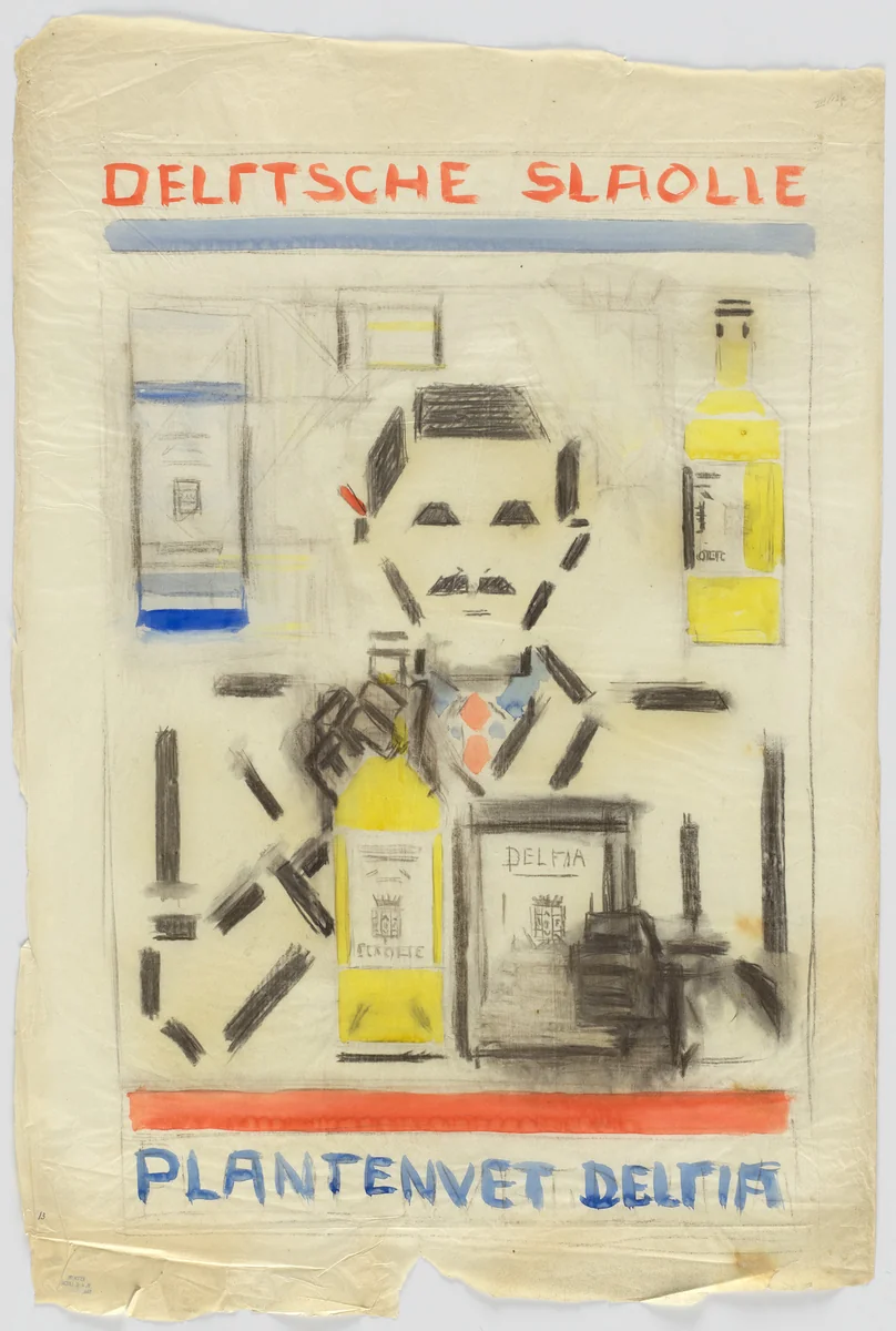 Preliminary design for poster for Delft Salad Oil (Delftsche Slaolie) by Bart van der Leck, drawing, 1919