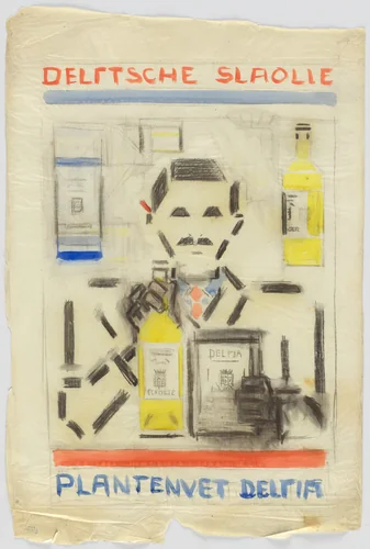 Preliminary design for poster for Delft Salad Oil (Delftsche Slaolie) by Bart van der Leck, drawing, 1919