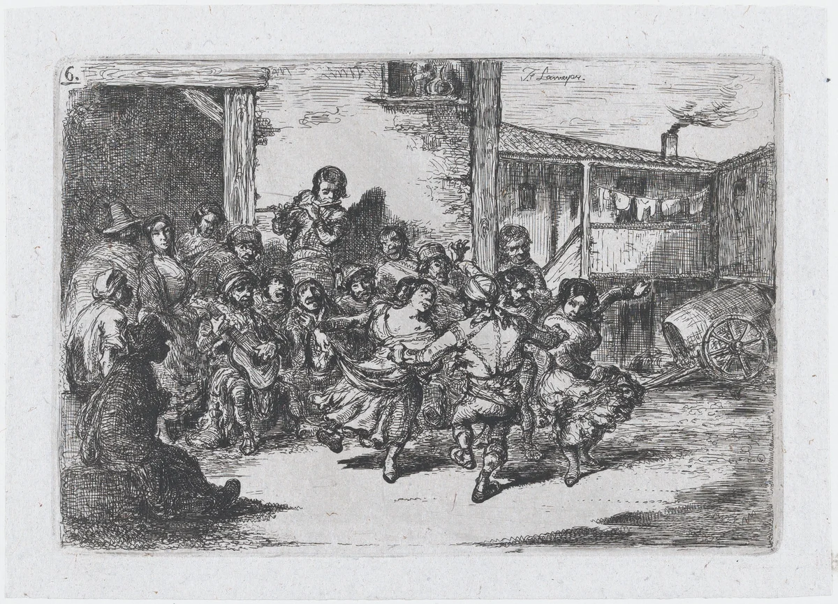 Plate 6: people dancing in the street accompanied by musicians, from the series of customs and pastimes of the Spanish people by Francisco Lameyer, print, 1850