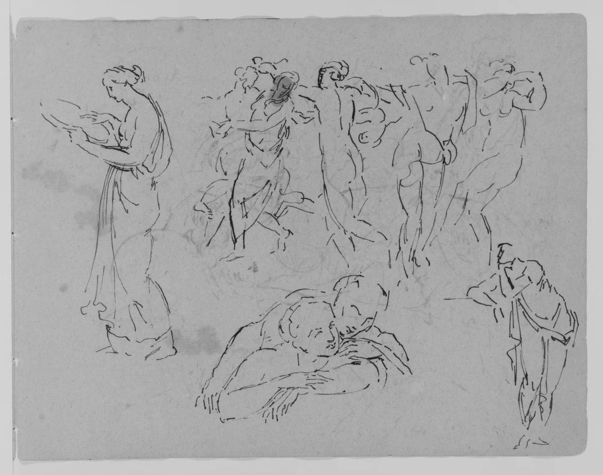 Sketches of Two Women, a Man Fighting a Beast, Two Furniture Fragments (from Sketchbook) by Thomas Sully, artwork, 1810-1820