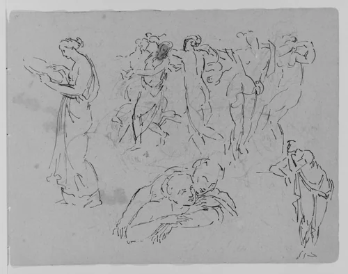 Sketches of Two Women, a Man Fighting a Beast, Two Furniture Fragments (from Sketchbook) by Thomas Sully, artwork, 1810-1820