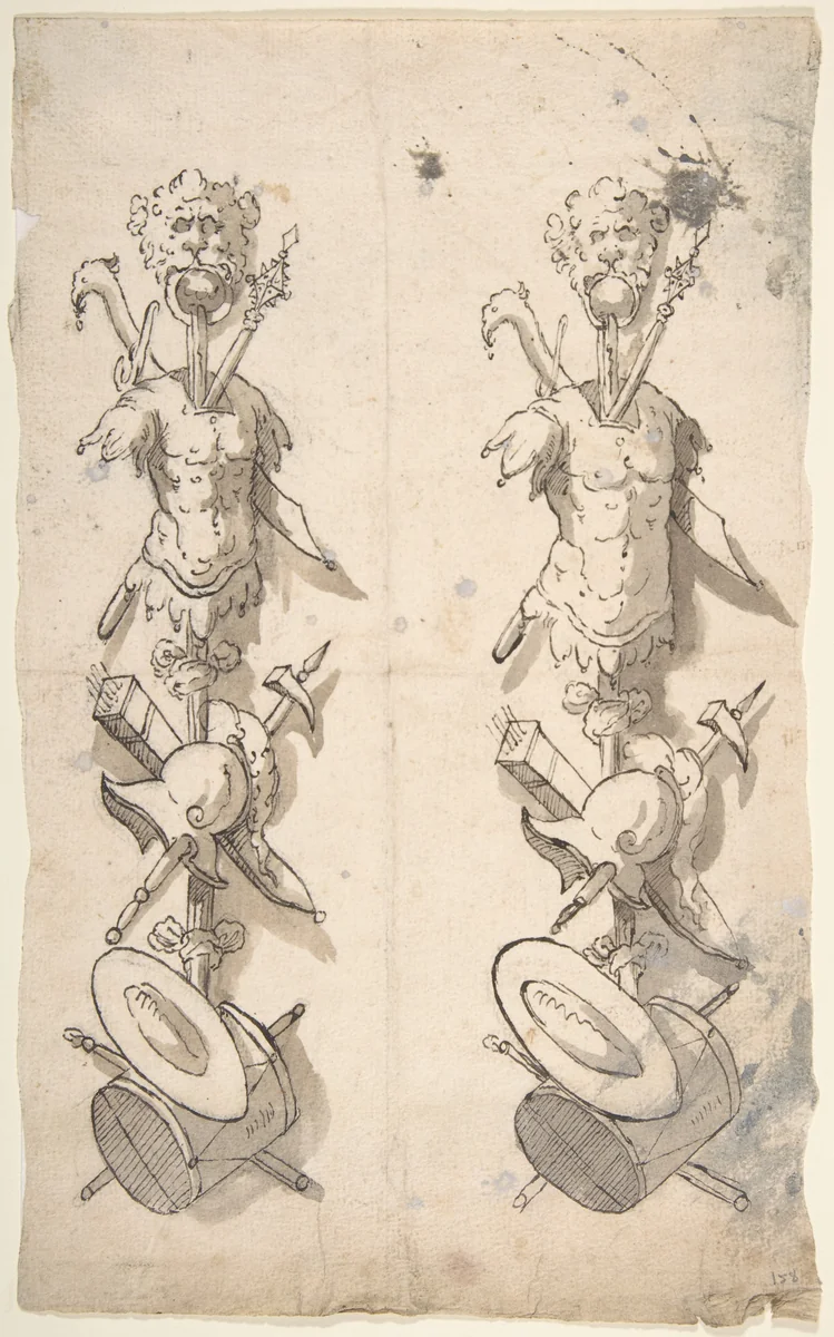 Two Designs for Trophies by anonymous, drawing, 1700-1780