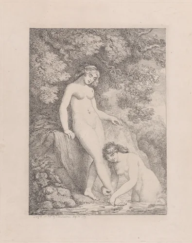 Two Nymphs Bathing, One Washing the Other's Foot by Thomas Rowlandson, print, 1799