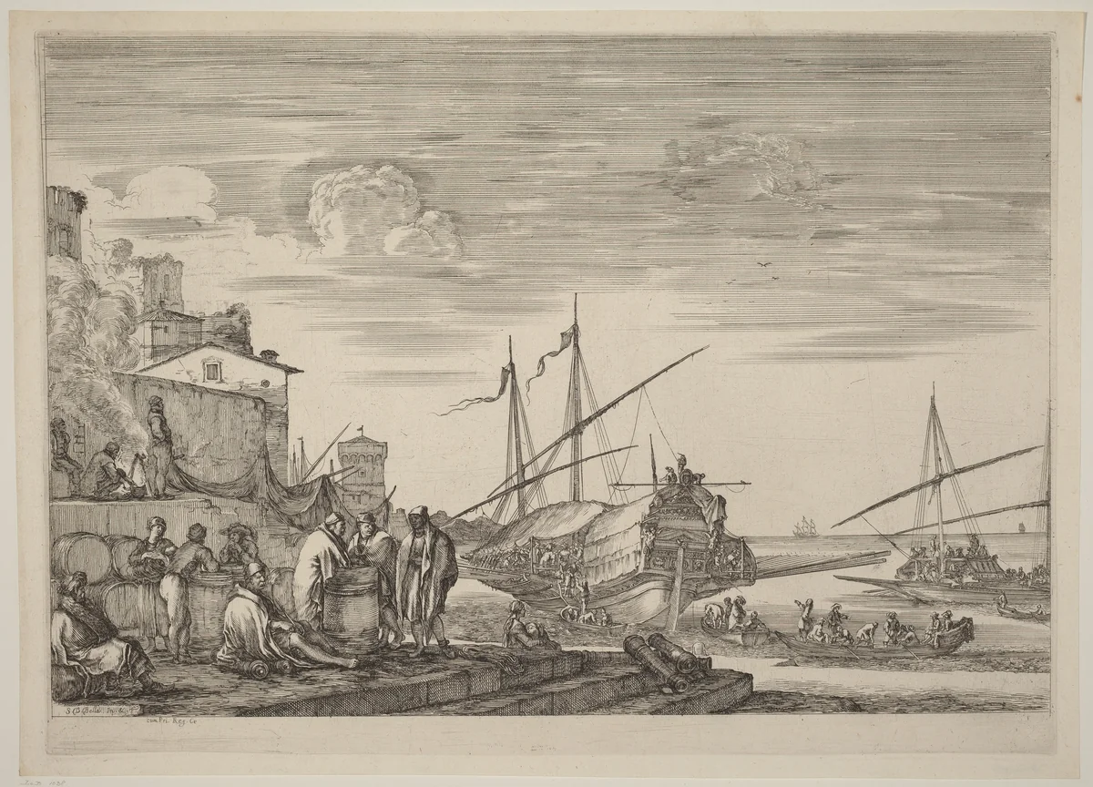 View of Several Houses Facing the Port by Stefano della Bella, print, 1654-1655