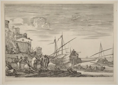 View of Several Houses Facing the Port by Stefano della Bella, print, 1654-1655