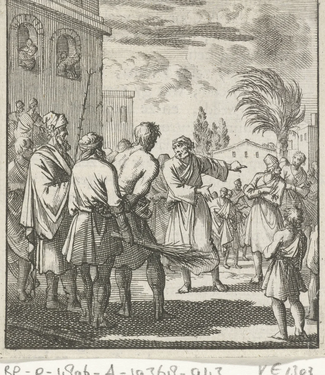 Beul staat klaar om een gevangen barbier te geselen by Jan Luyken, print, 1693