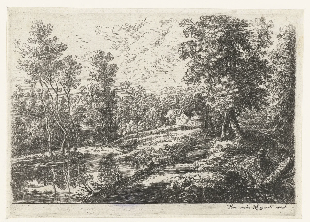 Landschap met huizen en een kerk omring door een muur by Lucas van Uden, print, 1605-1673