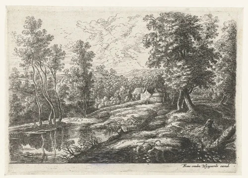 Landschap met huizen en een kerk omring door een muur by Lucas van Uden, print, 1605-1673