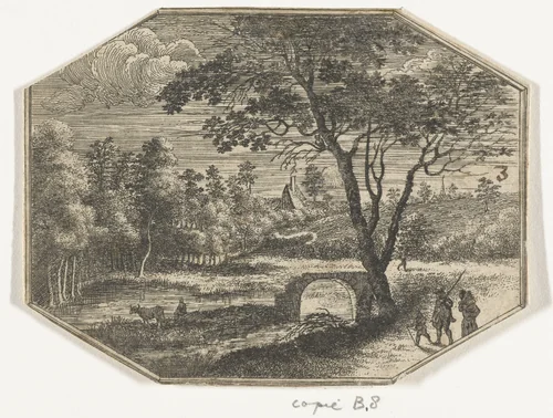 Landschap met een ruïne van een brug by anonymous, print, 1605-1700