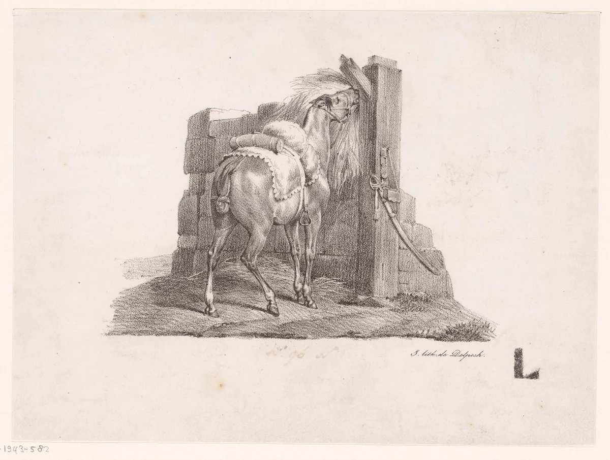 Studie van een paard in een stal by Victor Adam, print, 1818-1842