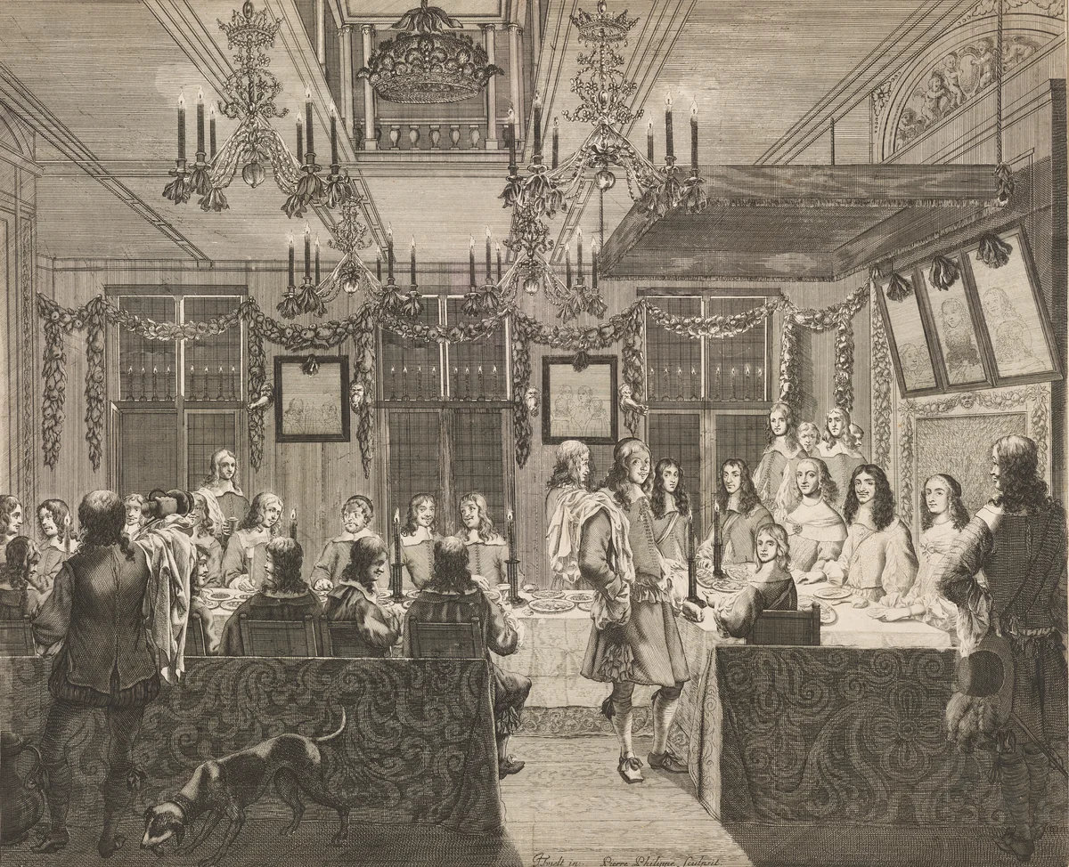 Banquet in the Mauritshuis on the Occasion of the Visit of Charles II (1630-1685), King of England, 30 May 1660 by Pierre Philippe, print, 1660