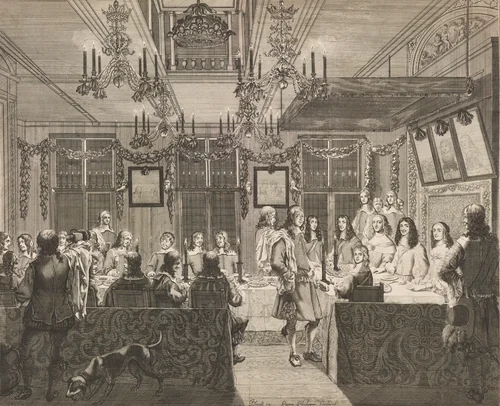 Banquet in the Mauritshuis on the Occasion of the Visit of Charles II (1630-1685), King of England, 30 May 1660 by Pierre Philippe, print, 1660