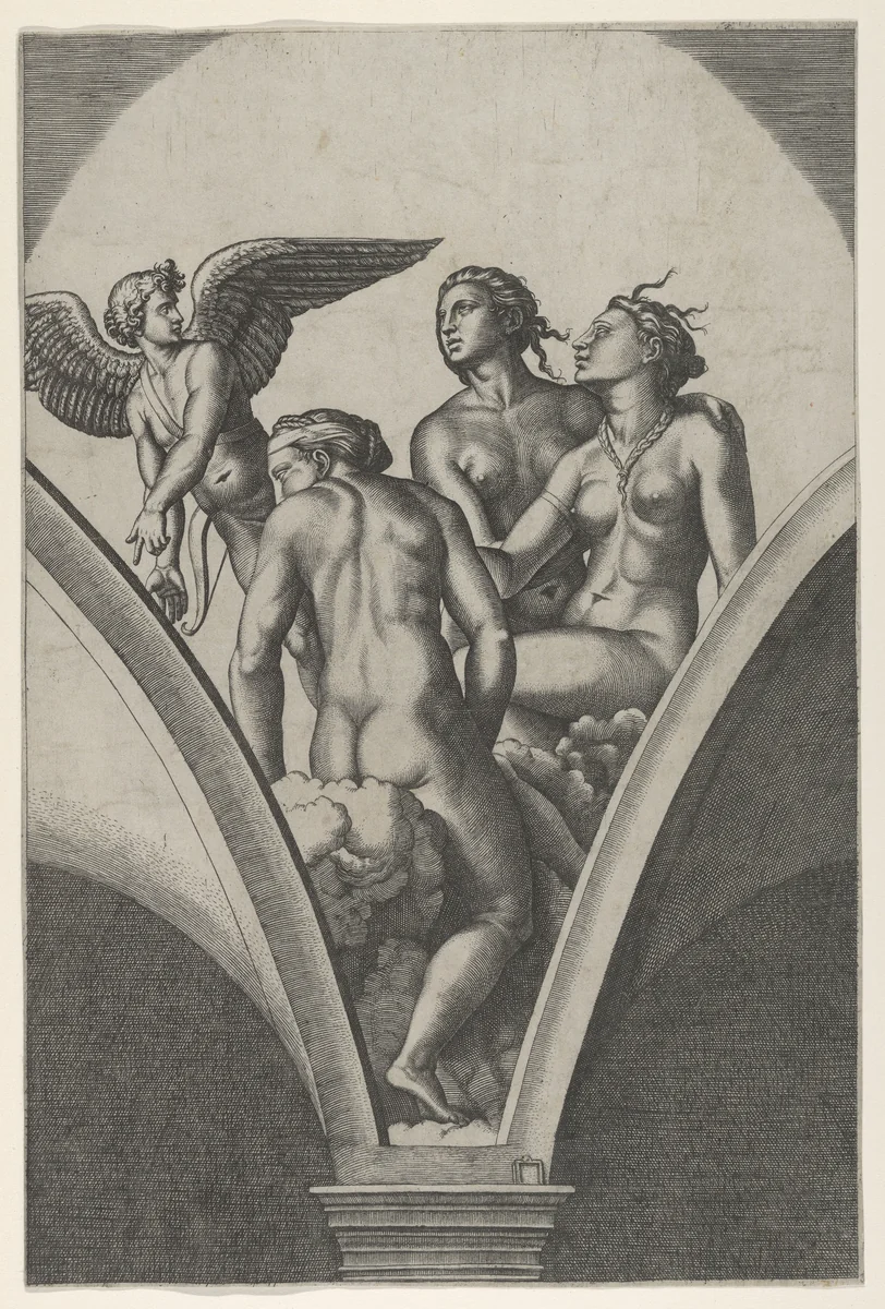 Cupid and The Three Graces, after Raphael's fresco in the Chigi Gallery of the Villa Farnesina in Rome by Marcantonio Raimondi, print, 1512-1525
