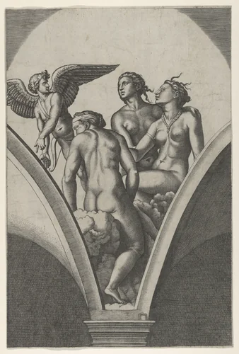 Cupid and The Three Graces, after Raphael's fresco in the Chigi Gallery of the Villa Farnesina in Rome by Marcantonio Raimondi, print, 1512-1525
