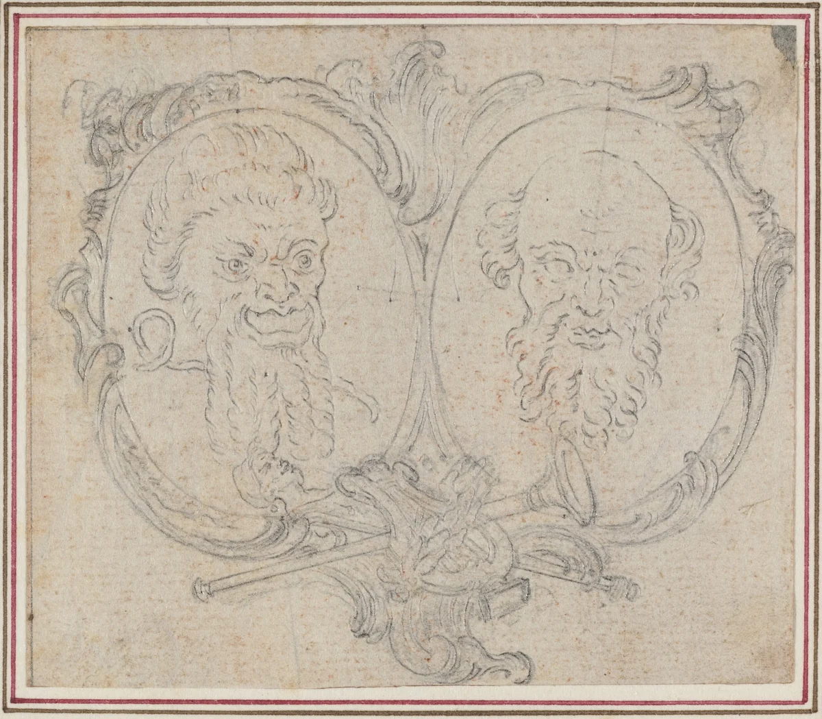 Double Cartouche with Two Heads and Symbols of Fame and Folly by Hubert François Gravelot, drawing, 1699-1773