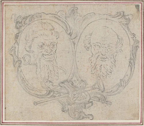 Double Cartouche with Two Heads and Symbols of Fame and Folly by Hubert François Gravelot, drawing, 1699-1773